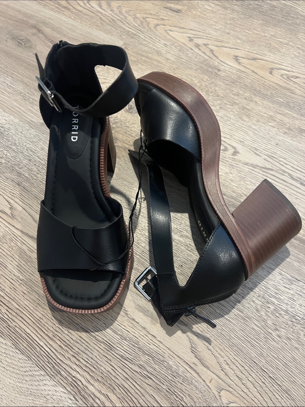 torrid Black Platform Block Heel Sandals with Brown Wood-Look Heel